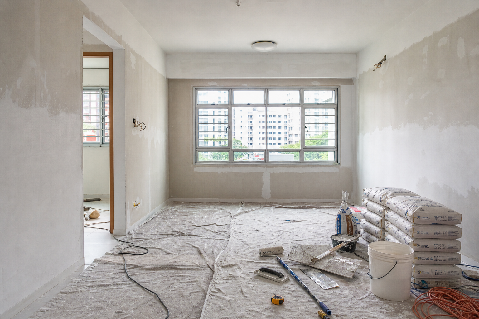 Bright Singapore apartment mood reference with warm light oak custom carpentry, living storage, dining, and compact kitchen planning